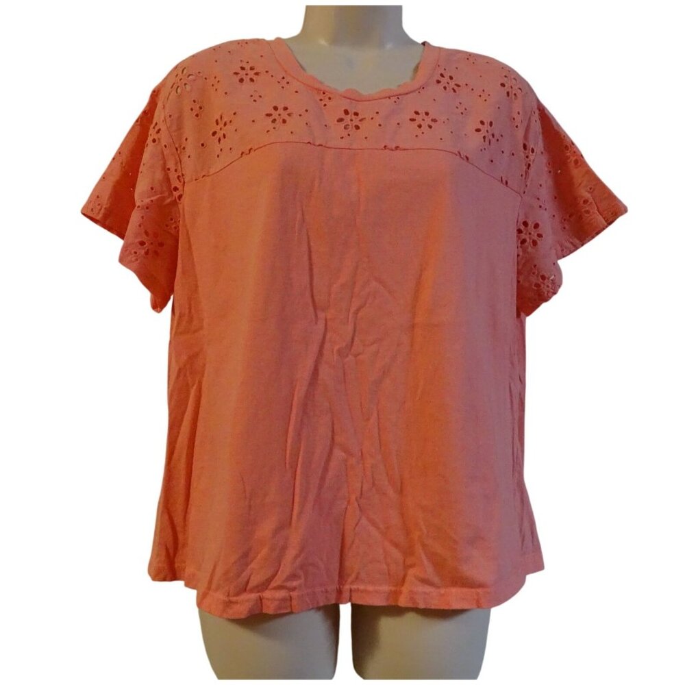 Time And Tru Coral Eyelet Yoke Top Womens Size L 12-14 Cotton Short Sleeve